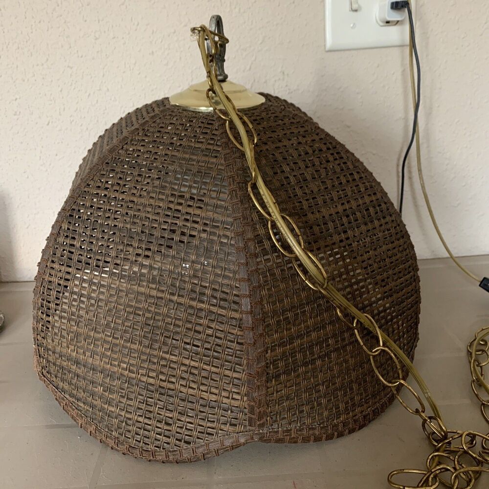 MCM Wicker Rattan Swag Lamp Brown Shade Clear Globe Boho 14.5ft Chain Cord